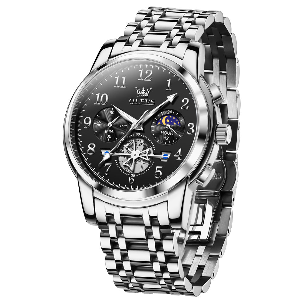 OLEVS 2900 Men's Quartz Watch with Numerals, 24-Hour and Moon Phase Sub-Dials, Chronograph, Perfect Gift