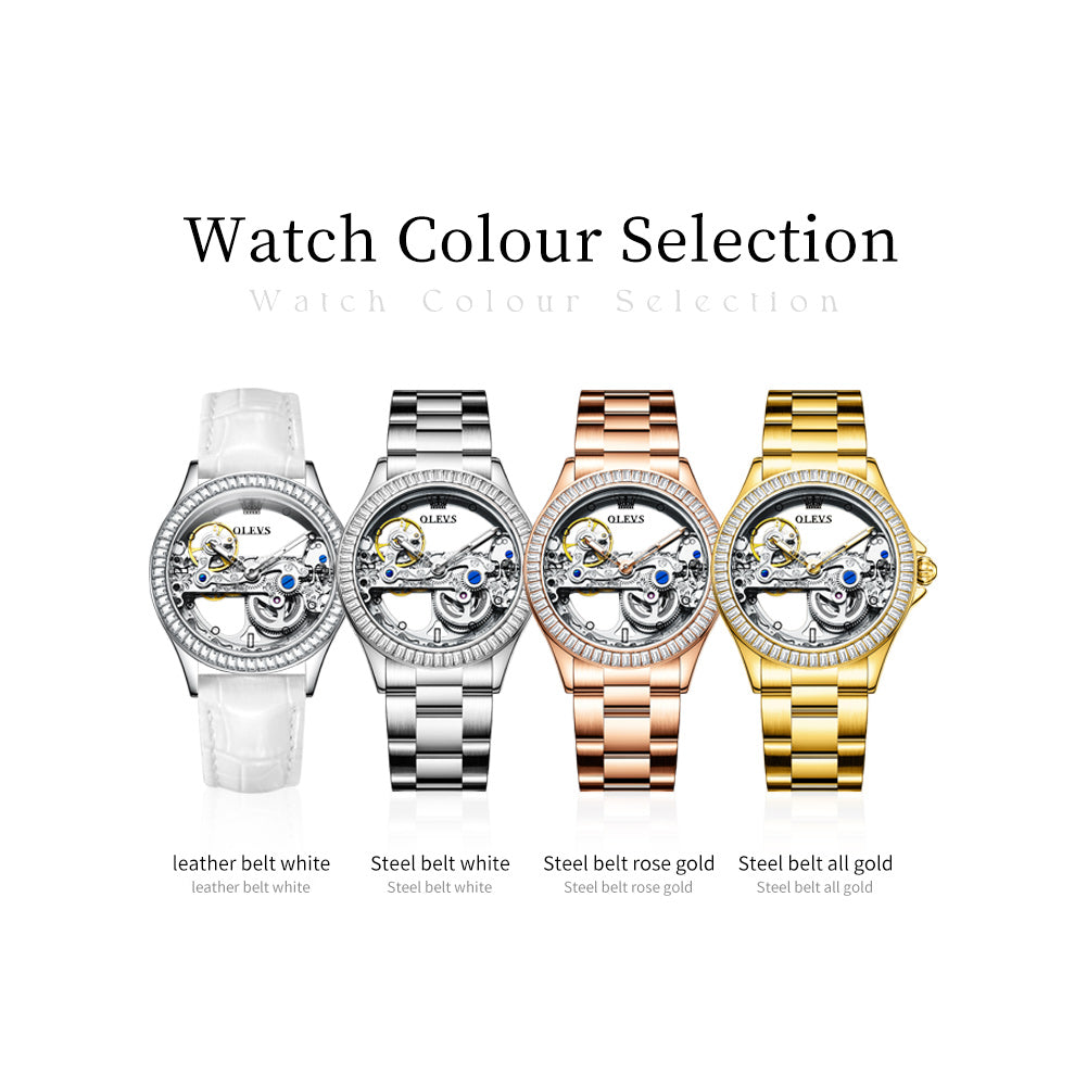 OLEVS 6699 Automatic Watches for Womens Mechanical Diamond Skeleton Self Winding Luxury Dress Waterproof Luminous Ladies Watches Womens Wrist Watches Gift Reloj Para Mujer