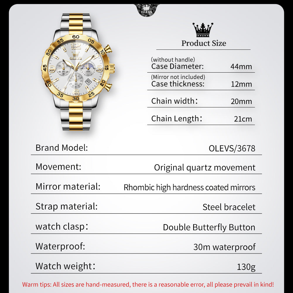 OLEVS 3678 Relojes para Hombre de Lujo Vestido Cronógrafo Analógico Cuarzo Chapado en Oro Acero Inoxidable Fase Lunar Impermeable Luminoso Fecha Relojes de Pulsera de Moda para Hombre Reloj Para Hombre 