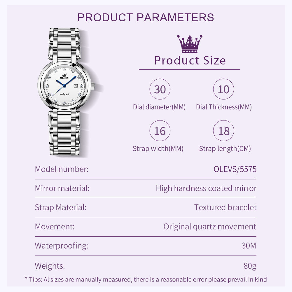OLEVS 5575 Watches for Womens Analog Quartz Silver Strap Fashions Classic Dress Stainless Steel Date Waterproof Casual Ladies Watches Gift Womens Wrist Watches Reloj Para Mujer White/Pink/Purple