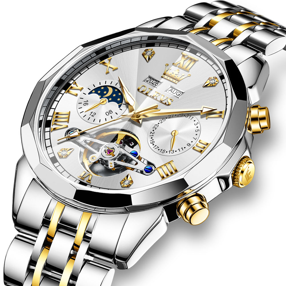 OLEVS 6620 Automatic Watches for Men Self Winding Mechanical Skeleton Luxury Dress Chronograph Gold Plated Stainless Steel Calendar Moon Phase Waterproof Luminous Mens Wrist Watches Reloj Para Hombre