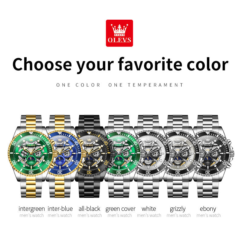 OLEVS 6715 Automatic Watches for Men Skeleton Self Winding Mechanical Fashion Dress Chronograph Moon Phase Stainless Steel Waterproof Luminous Mens Wrist Watches Gift Reloj Para Hombre
