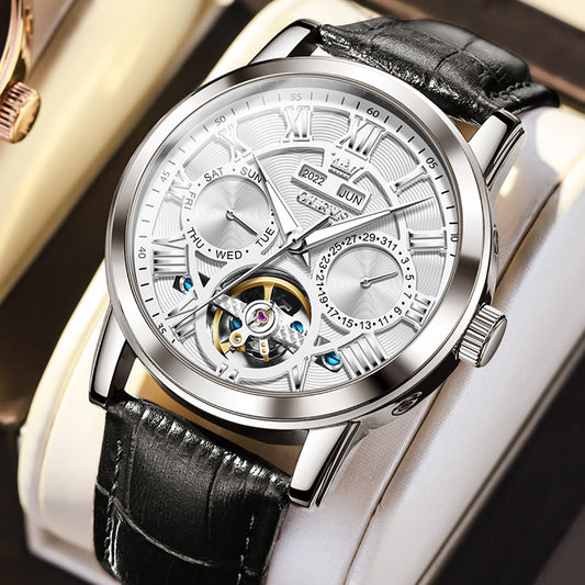 OLEVS 6668 Automatic Watches for Men Self Winding Mechanical Skeleton Flywheel Multifunction Luxury Dress Roma Rumerals Calendar Waterproof Luminous Mens Wrist Watches Reloj Para Hombre Brown Black Leather Strap