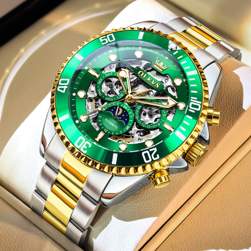 OLEVS 6715 Automatic Watches for Men Skeleton Self Winding Mechanical Fashion Dress Chronograph Moon Phase Stainless Steel Waterproof Luminous Mens Wrist Watches Gift Reloj Para Hombre