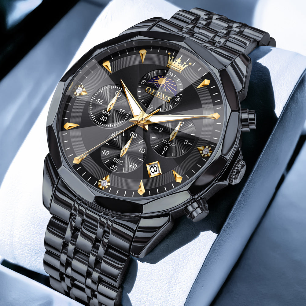OLEVS 3673 Watches For Men Business Dress Luxury Casual Chronograph Multifunction Analog Quartz Stainless Steel Waterproof Luminous Moon Phase Date Men Wrist Watches Reloj Para Hombre