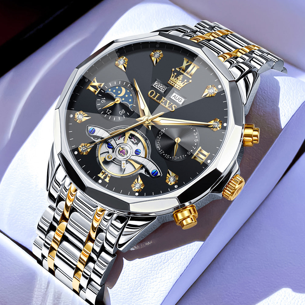 OLEVS 6621Automatic Watches for Men Luxury Dress Waterproof Self Winding Mechanical Moon Phase Chronograph Stainless Steel Luminous Diamond Date Skeleton Tourbillon Wristwatch for Men Reloj Para Hombre