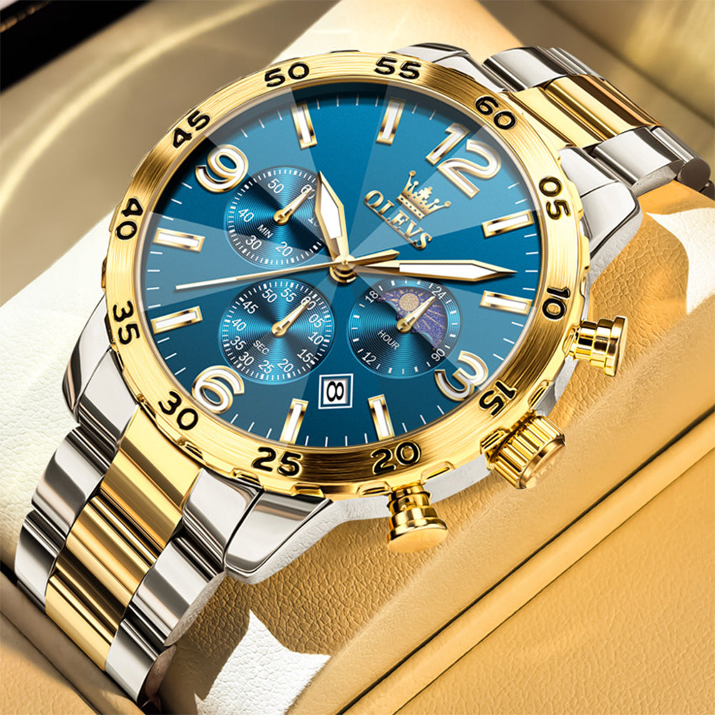 OLEVS 3678 Relojes para Hombre de Lujo Vestido Cronógrafo Analógico Cuarzo Chapado en Oro Acero Inoxidable Fase Lunar Impermeable Luminoso Fecha Relojes de Pulsera de Moda para Hombre Reloj Para Hombre 
