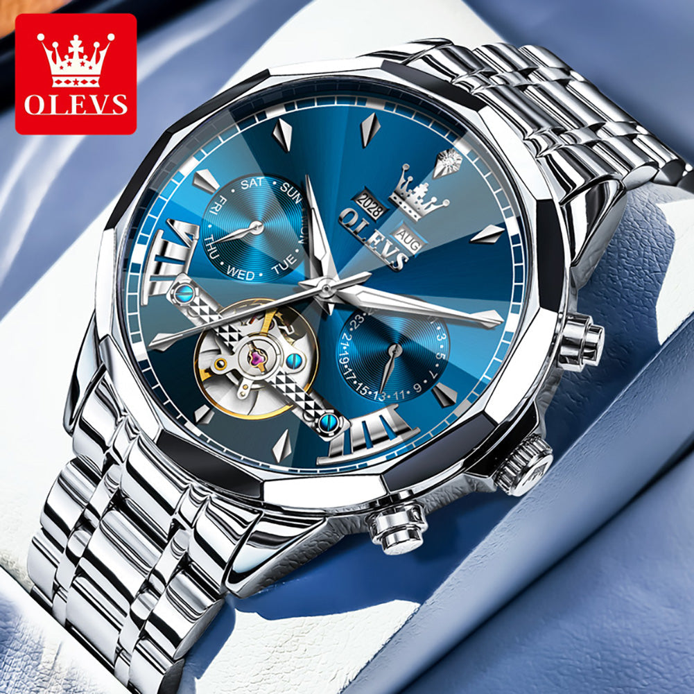 OLEVS 6619 Automatic Watches for Men Luxury Dress Waterproof Self Winding Mechanical Chronograph Diamond Stainless Steel Luminous Date Skeleton Tourbillon Mens Watches Gift Reloj Para Hombre