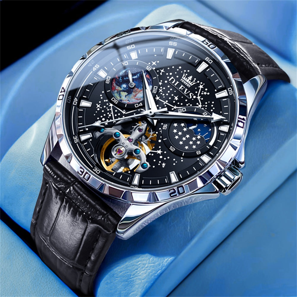 OLEVS 6689 Automatic Watches for Mens Starry Sky Skeleton Tourbillon Self Winding Mechanical Moon Phase Luminous Waterproof Luxury Dress Mens Wrist Watches Gifts Reloj Para Hombre Black/Blue/Green