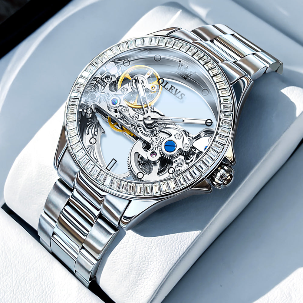 OLEVS 6699 Automatic Watches for Womens Mechanical Diamond Skeleton Self Winding Luxury Dress Waterproof Luminous Ladies Watches Womens Wrist Watches Gift Reloj Para Mujer