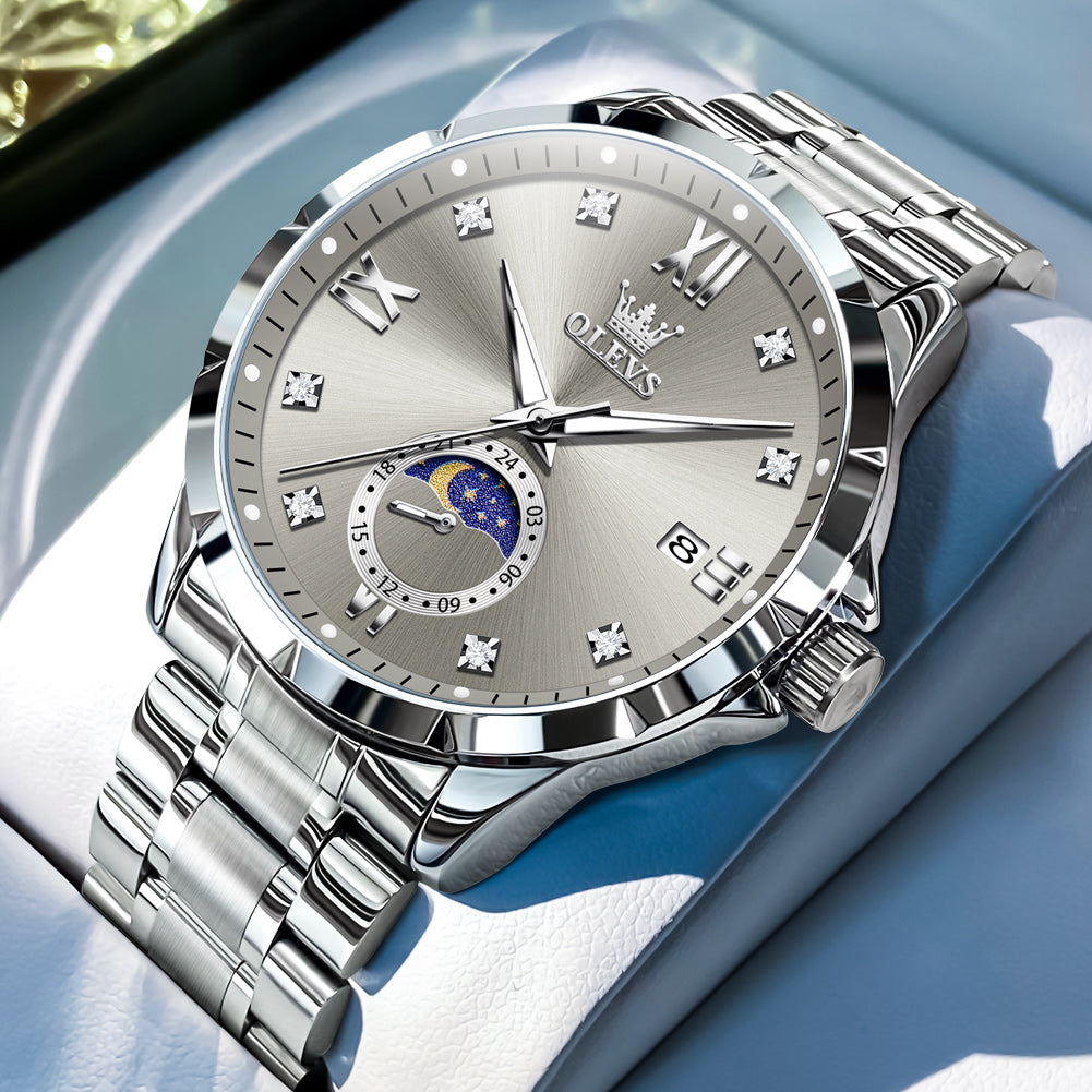 OLEVS 2956 Watches for Men Diamond Business Dress Casual Analog Moon Phase Calendar Quartz Stainless Steel Waterproof Luminous Date Men Wrist Watches Reloj Para Hombre White Dial