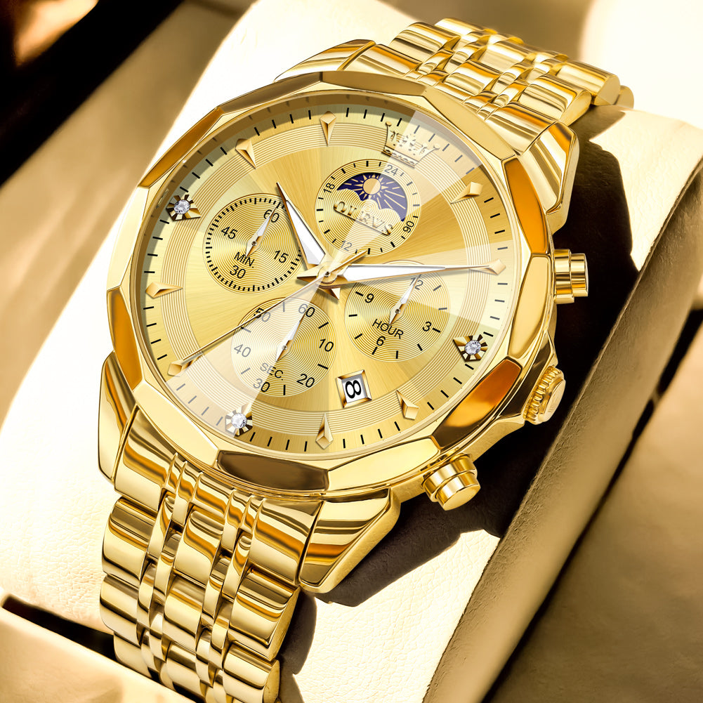 OLEVS 3673 Watches For Men Business Dress Luxury Casual Chronograph Multifunction Analog Quartz Stainless Steel Waterproof Luminous Moon Phase Date Men Wrist Watches Reloj Para Hombre White Dial