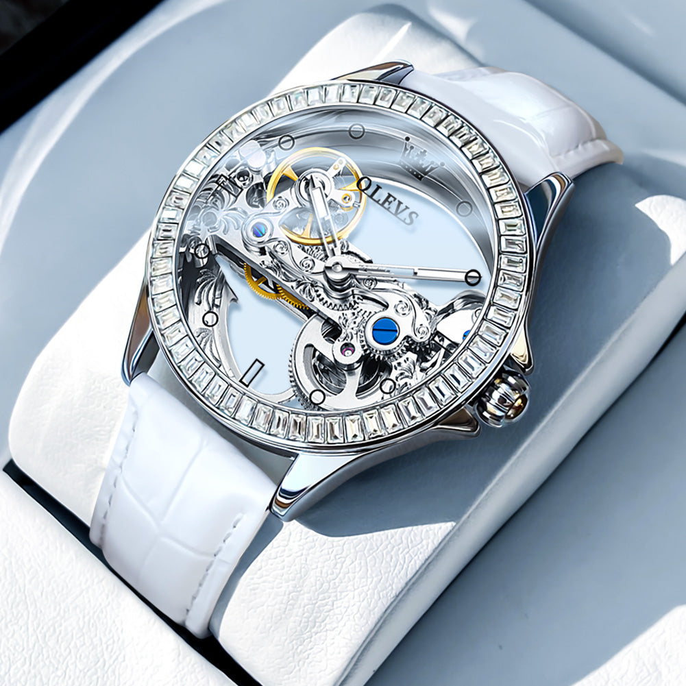 OLEVS 6699 Automatic Watches for Womens Mechanical Diamond Skeleton Self Winding Luxury Dress Waterproof Luminous Ladies Watches Womens Wrist Watches Gift Reloj Para Mujer
