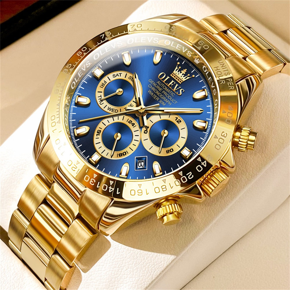 OLEVS 6638 Automatic Watches for Men Self Winding Chronograph Mechanical Luxury Dress Stainless Steel Calendar Date Waterproof Luminous Mens Wrist Watches Gift Reloj Para Hombre Gold/Black/Blue/Green Dial