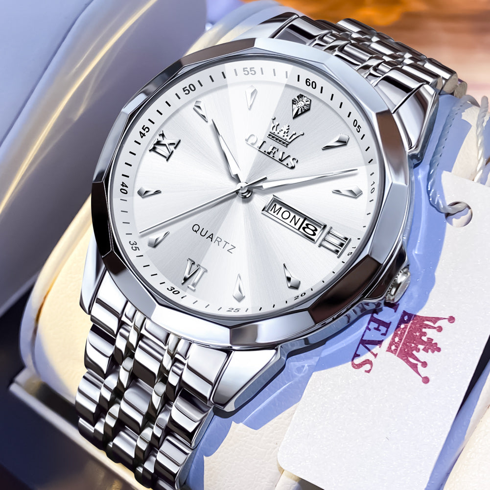 OLEVS 9998 Watches for Men Diamond Business Dress Classic Casual Analog Quartz Stainless Steel Waterproof Luminous Date Men Wrist Watches Reloj Para Hombre White Dial