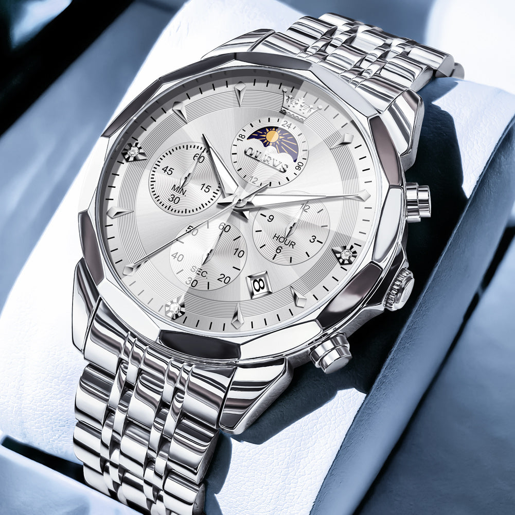 OLEVS 3673 Watches For Men Business Dress Luxury Casual Chronograph Multifunction Analog Quartz Stainless Steel Waterproof Luminous Moon Phase Date Men Wrist Watches Reloj Para Hombre White Dial