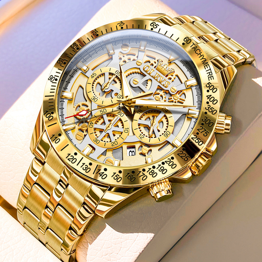OLEVS 9913 Watches for Men Waterproof Luxury Dress Analog Quartz Chronograph Fashion Gold Plated Stainless Steel Luminous Date Classic Mens Wrist Watches Reloj Para Hombre Gold/White/Black Dial
