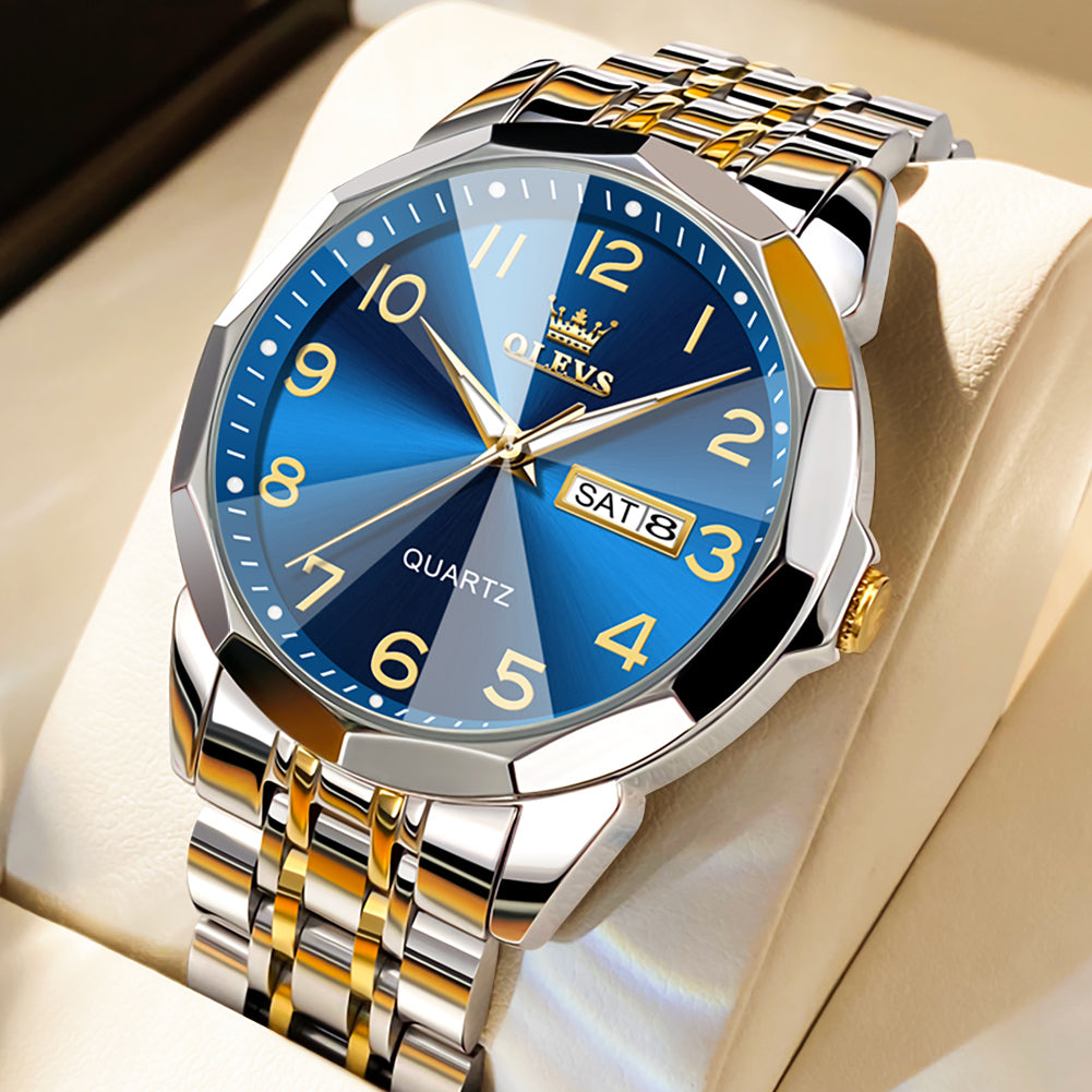 OLEVS 9970 Watches for men  Business Dress Luxury Casual Analog Quartz Stainless Steel Waterproof Luminous Date Men Wrist Watches reloj para hombre  Blue Dial