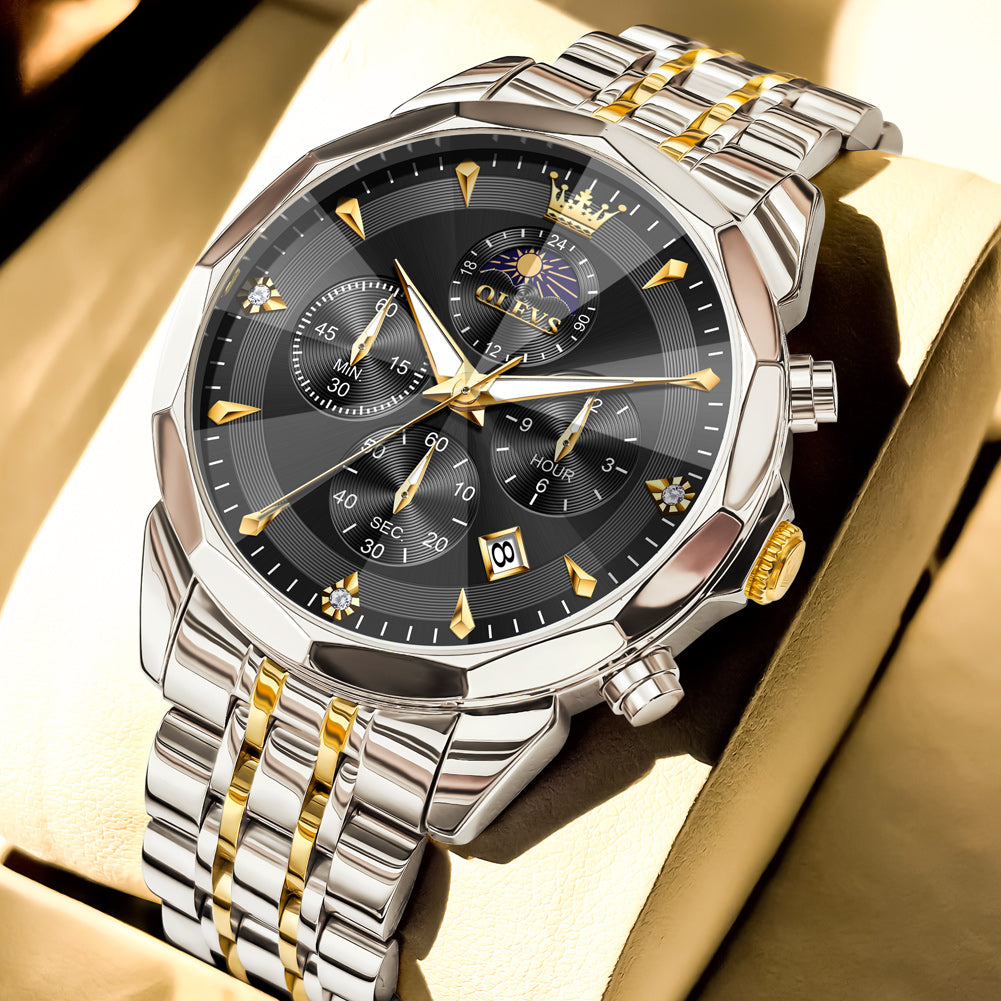 OLEVS 3673 Watches For Men Business Dress Luxury Casual Chronograph Multifunction Analog Quartz Stainless Steel Waterproof Luminous Moon Phase Date Men Wrist Watches Reloj Para Hombre