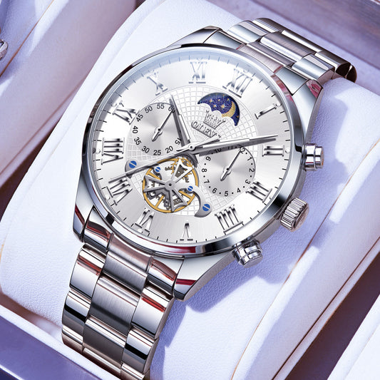 OLEVS 3640 Chronograph Watches for Men Waterproof Business Dress Analog Quartz Luxury Moon Phase Stainless Steel Roman Numeral Luminous Casual Mens Wrist Watches Reloj Para Hombre