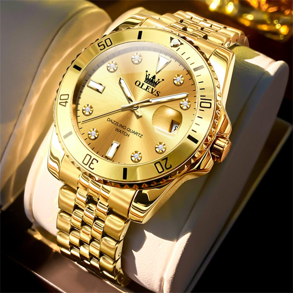 OLEVS 9809 Watch for Men Stainless Steel Business Dress Luxury Diamond Big Face Waterproof Mens Watches with Date Analog Wrist Men Watch Reloj para Hombre Gold Dial