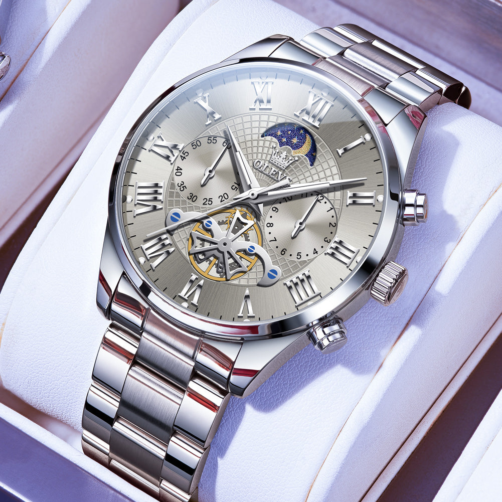OLEVS 3640 Chronograph Watches for Men Waterproof Business Dress Analog Quartz Luxury Moon Phase Stainless Steel Roman Numeral Luminous Casual Mens Wrist Watches Reloj Para Hombre