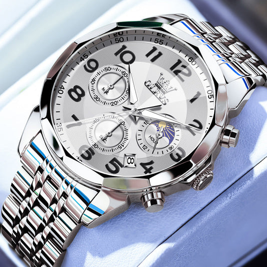 OLEVS  3676 Chronograph Watches for Men Business Dress Analog Quartz Gold Plated Stainless Steel Moon Phase Waterproof Luminous Date Luxury Mens Wrist Watches Reloj Para Hombre
