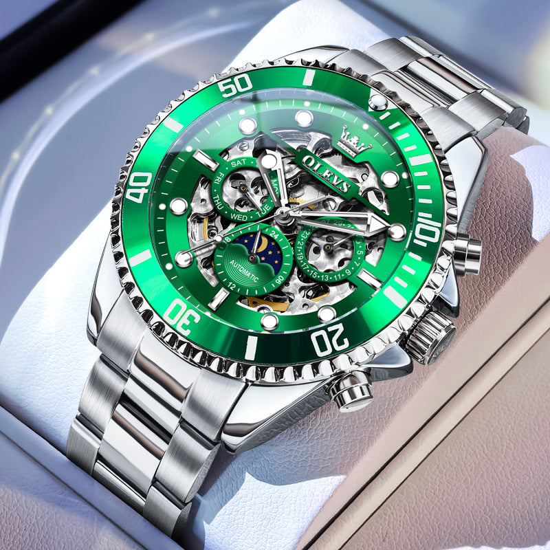 OLEVS 6715 Automatic Watches for Men Skeleton Self Winding Mechanical Fashion Dress Chronograph Moon Phase Stainless Steel Waterproof Luminous Mens Wrist Watches Gift Reloj Para Hombre
