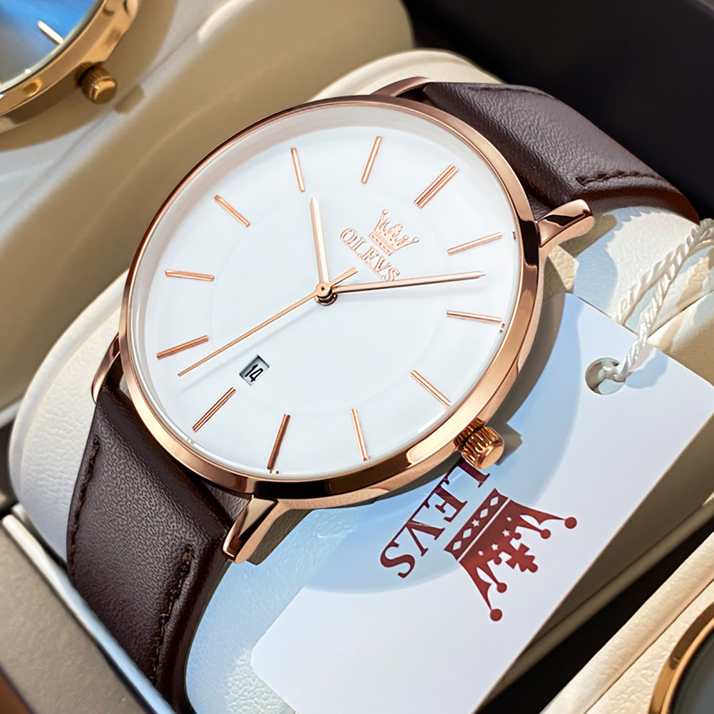 OLEVS  5869 Watches for Men Minimalist Ultra Thin Fashion Casual Analog Quartz Date Watch Waterproof Slim Simple Big Face Dress Mens Wrist Watches with Retro Leather Band for Men Reloj para Hombre