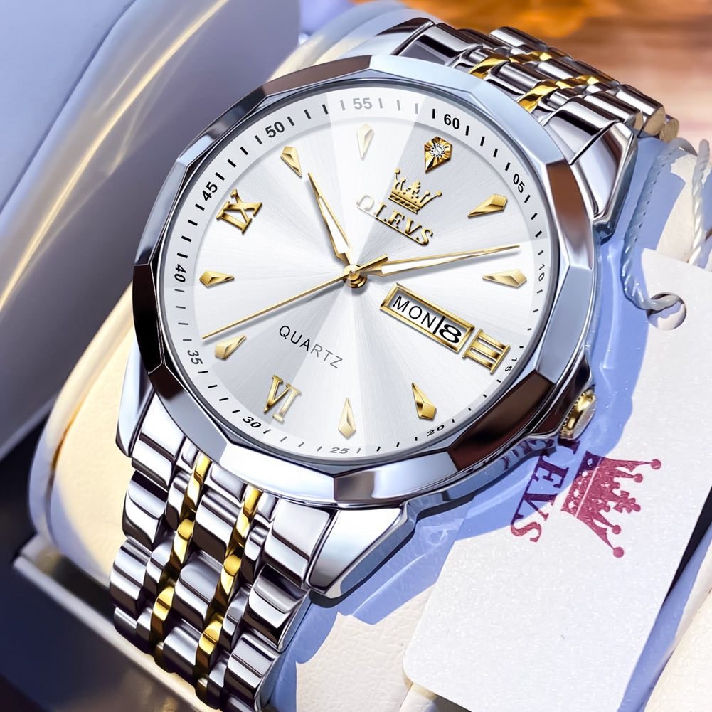OLEVS 9998 Watches for Men Diamond Business Dress Classic Casual Analog Quartz Stainless Steel Waterproof Luminous Date Men Wrist Watches Reloj Para Hombre White Dial