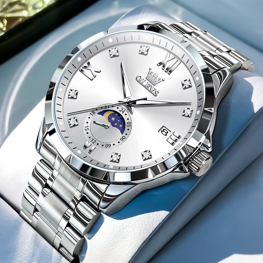 OLEVS 2956 Watches for Men Diamond Business Dress Casual Analog Moon Phase Calendar Quartz Stainless Steel Waterproof Luminous Date Men Wrist Watches Reloj Para Hombre White Dial
