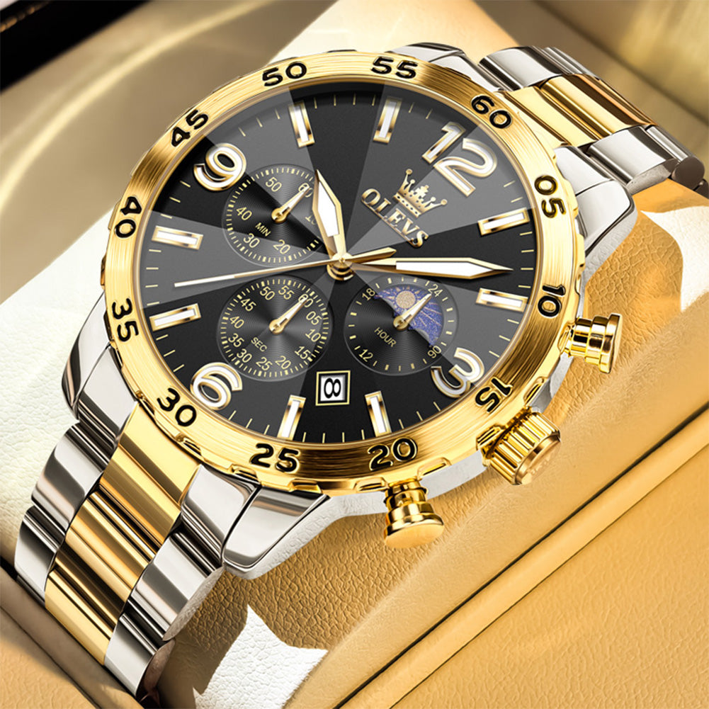 OLEVS 3678 Relojes para Hombre de Lujo Vestido Cronógrafo Analógico Cuarzo Chapado en Oro Acero Inoxidable Fase Lunar Impermeable Luminoso Fecha Relojes de Pulsera de Moda para Hombre Reloj Para Hombre 