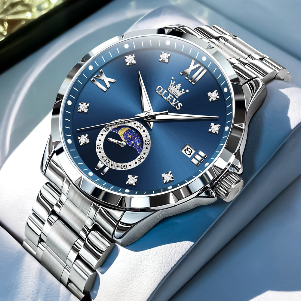 OLEVS 2956 Watches for Men Diamond Business Dress Casual Analog Moon Phase Calendar Quartz Stainless Steel Waterproof Luminous Date Men Wrist Watches Reloj Para Hombre White Dial