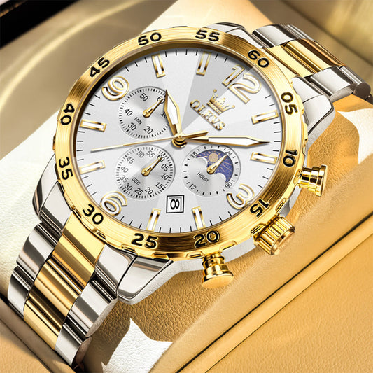 OLEVS 3678 Relojes para Hombre de Lujo Vestido Cronógrafo Analógico Cuarzo Chapado en Oro Acero Inoxidable Fase Lunar Impermeable Luminoso Fecha Relojes de Pulsera de Moda para Hombre Reloj Para Hombre 