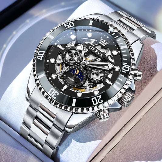 OLEVS 6715 Automatic Watches for Men Skeleton Self Winding Mechanical Fashion Dress Chronograph Moon Phase Stainless Steel Waterproof Luminous Mens Wrist Watches Gift Reloj Para Hombre
