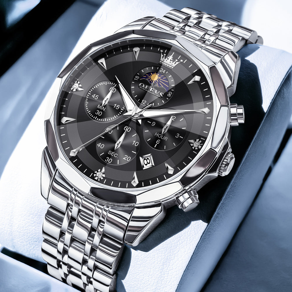 OLEVS 3673 Watches For Men Business Dress Luxury Casual Chronograph Multifunction Analog Quartz Stainless Steel Waterproof Luminous Moon Phase Date Men Wrist Watches Reloj Para Hombre