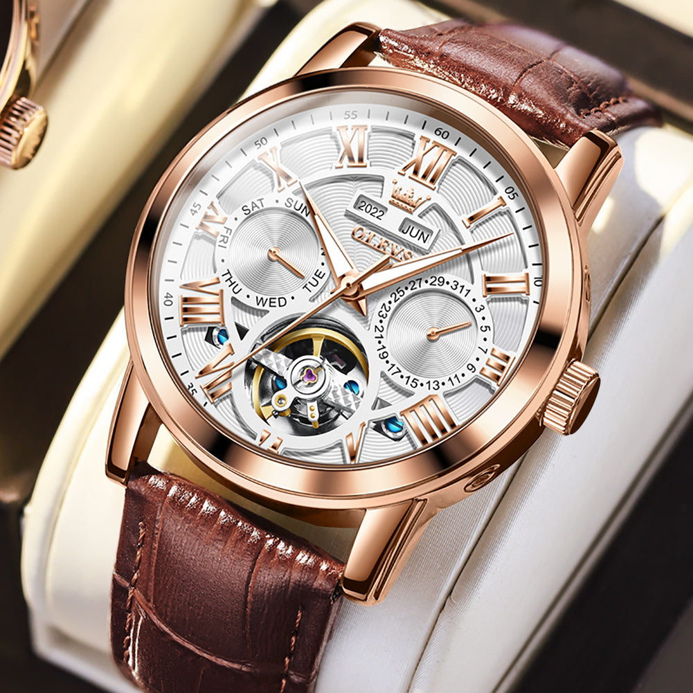 OLEVS 6668 Automatic Watches for Men Self Winding Mechanical Skeleton Flywheel Multifunction Luxury Dress Roma Rumerals Calendar Waterproof Luminous Mens Wrist Watches Reloj Para Hombre Brown Black Leather Strap