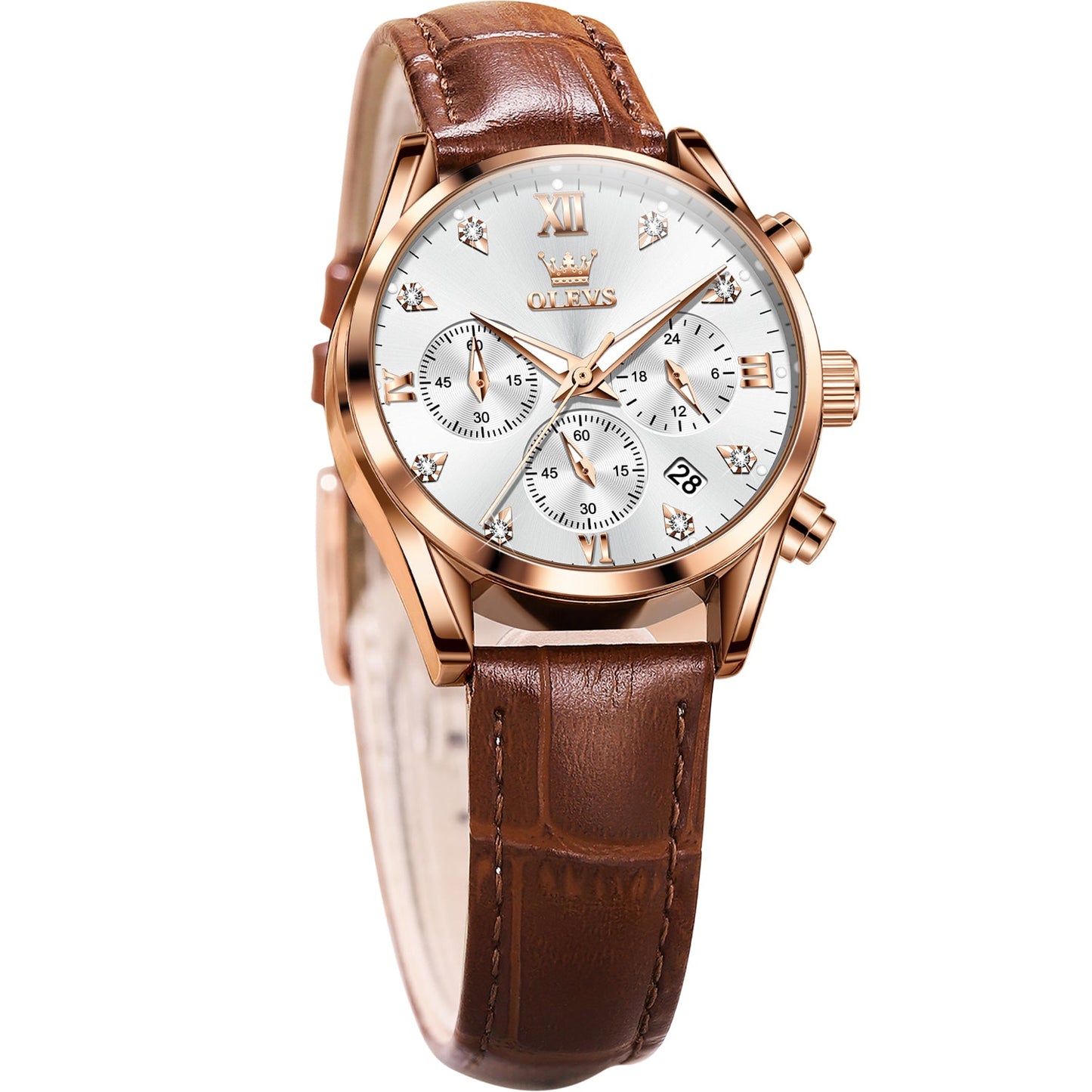 OLEVS 5523 Womens Watches Brown Rose Gold Chronograph Casual Dress Waterproof Ladies Wrist Watch