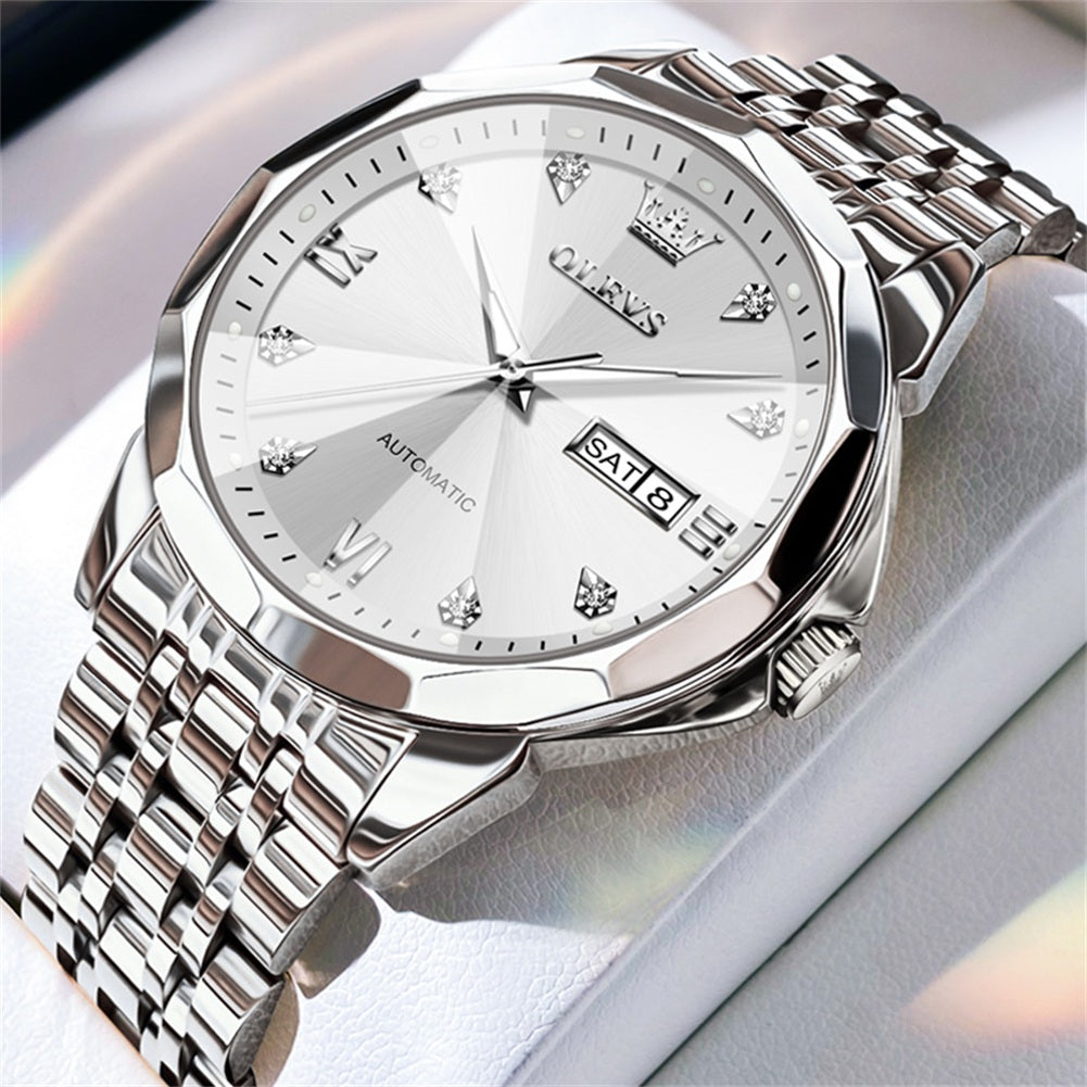 OLEVS 9982 Automatic Watches for Men Self Winding Mechanical Luxury Dress Stainless Steel Two Tone Strap Diamond Waterproof Luminous Date Mens Wrist Watches Reloj Para Hombre Black/Blue/Gold/White