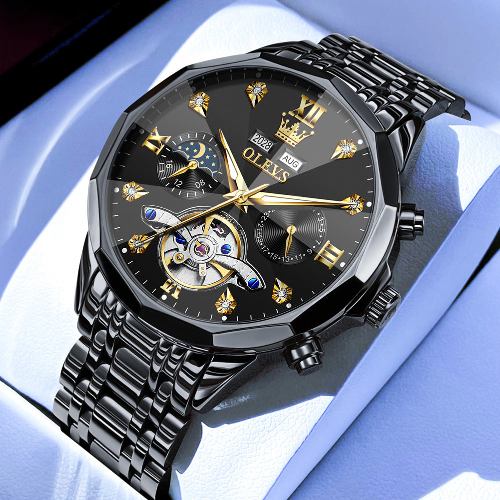 OLEVS 6621Automatic Watches for Men Luxury Dress Waterproof Self Winding Mechanical Moon Phase Chronograph Stainless Steel Luminous Diamond Date Skeleton Tourbillon Wristwatch for Men Reloj Para Hombre