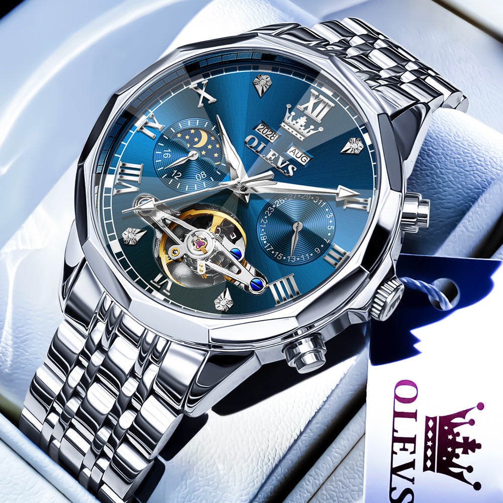 OLEVS 6620 Automatic Watches for Men Self Winding Mechanical Skeleton Luxury Dress Chronograph Gold Plated Stainless Steel Calendar Moon Phase Waterproof Luminous Mens Wrist Watches Reloj Para Hombre