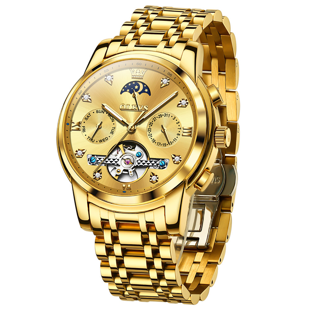 OLEVS 6678 Automatic Watches for Men Gold Luxury Dress Wrist Watch Self Winding Mechanical Skeleton Tourbillon Watch