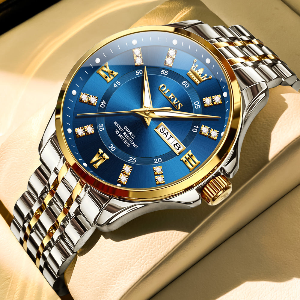 OLEVS 3620 Watches for Men Business Dress Analog Quartz Date Stainless Steel Easy Read Waterproof Luminous Luxury Casual Mens Wrist Watches Reloj Para Hombre Gold/Silver/Blue
