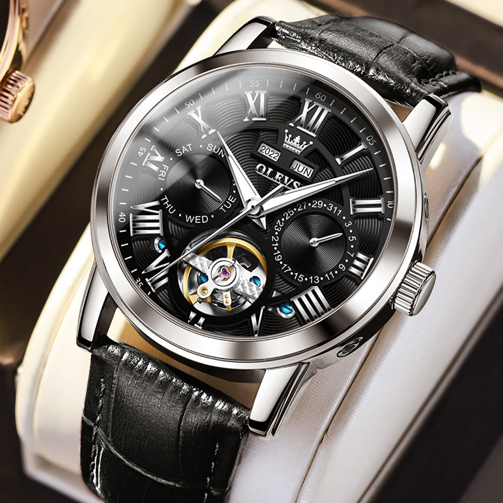 OLEVS 6668 Automatic Watches for Men Self Winding Mechanical Skeleton Flywheel Multifunction Luxury Dress Roma Rumerals Calendar Waterproof Luminous Mens Wrist Watches Reloj Para Hombre Brown Black Leather Strap