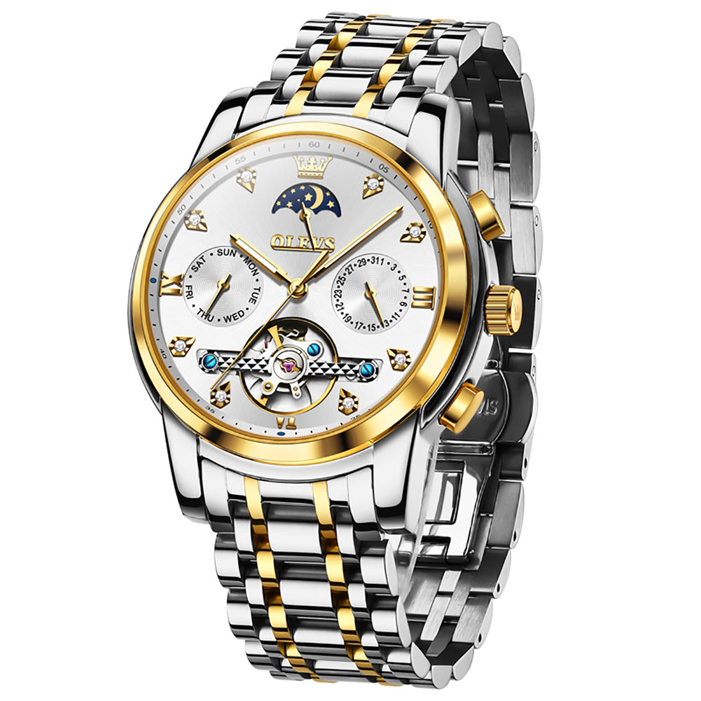 OLEVS 6678 Automatic Watches for Men Gold Luxury Dress Wrist Watch Self Winding Mechanical Skeleton Tourbillon Watch