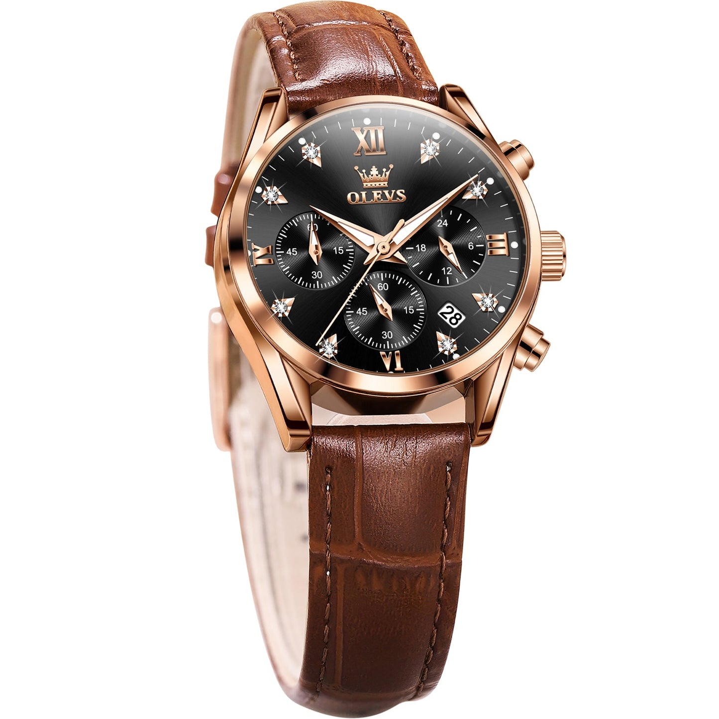 OLEVS 5523 Womens Watches Brown Rose Gold Chronograph Casual Dress Waterproof Ladies Wrist Watch