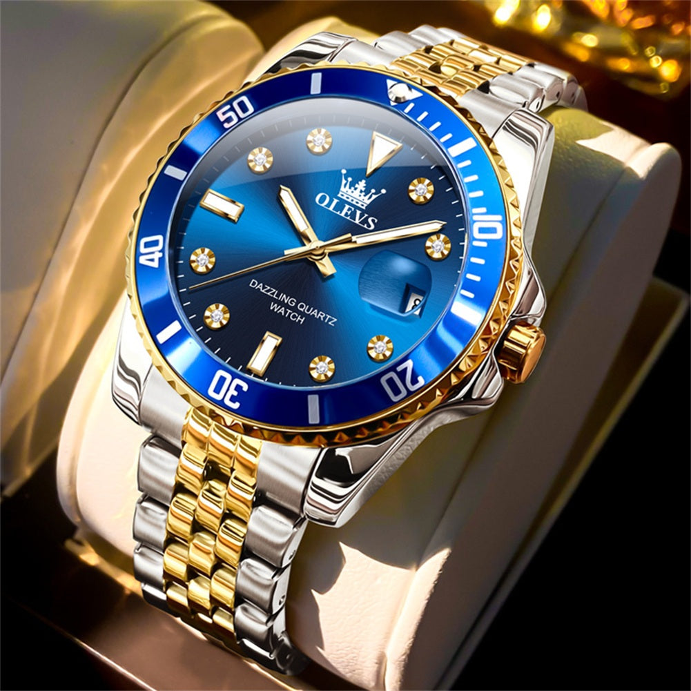 OLEVS 9809 Watch for Men Stainless Steel Business Dress Luxury Diamond Big Face Waterproof Mens Watches with Date Analog Wrist Men Watch Reloj para Hombre Gold Dial