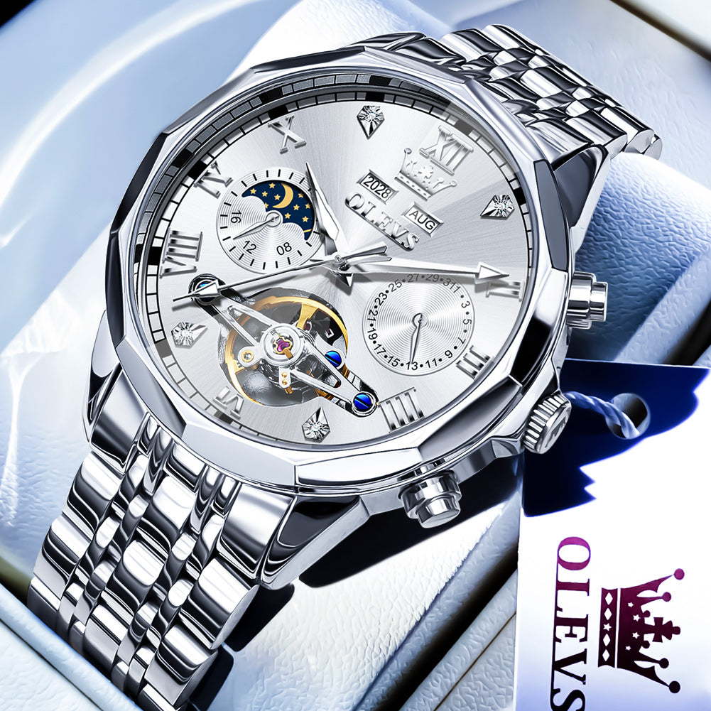 OLEVS 6620 Automatic Watches for Men Self Winding Mechanical Skeleton Luxury Dress Chronograph Gold Plated Stainless Steel Calendar Moon Phase Waterproof Luminous Mens Wrist Watches Reloj Para Hombre