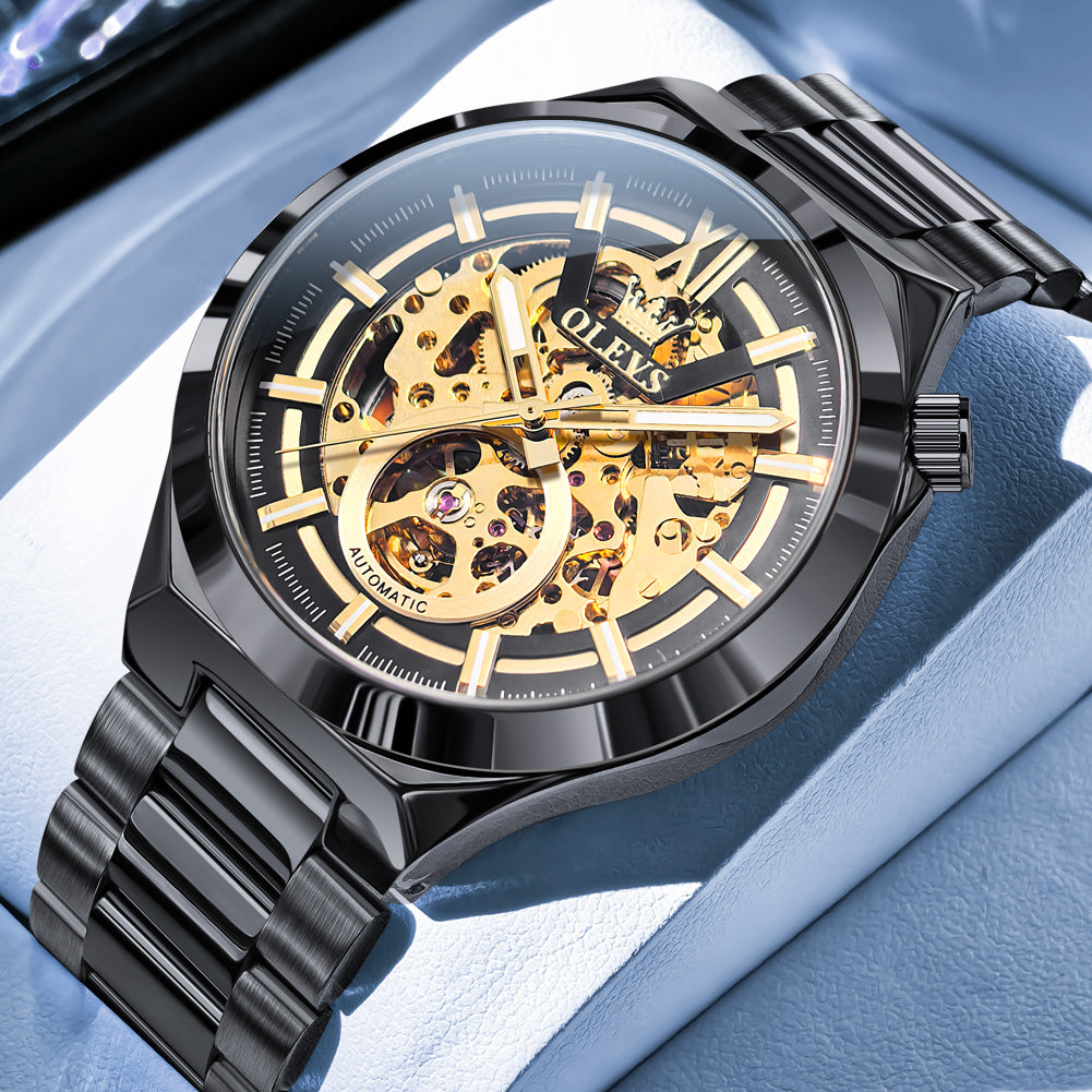 OLEVS 6722 Skeleton Watches for Men Luxury Dress Automatic Self Winding Mechanical Gold Plated Stainless Steel Waterproof Luminous Business Men Wrist Watch Reloj Para Hombre