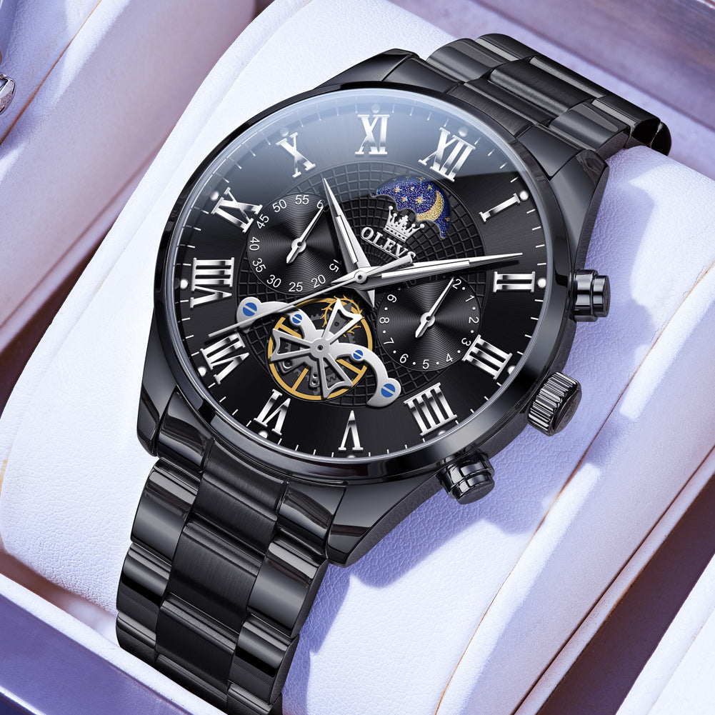 OLEVS 3640 Chronograph Watches for Men Waterproof Business Dress Analog Quartz Luxury Moon Phase Stainless Steel Roman Numeral Luminous Casual Mens Wrist Watches Reloj Para Hombre